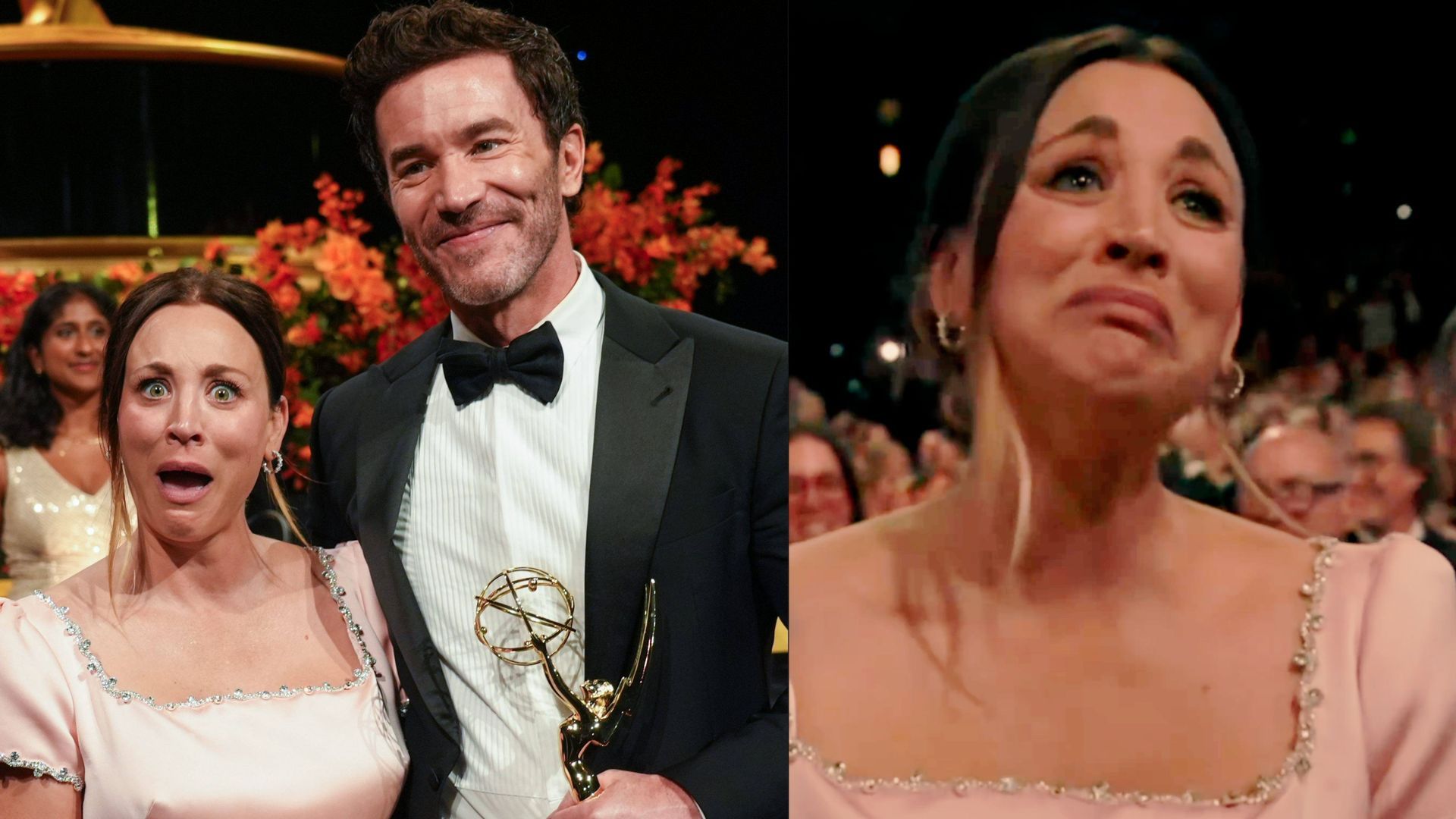 Fotomontaje con Tom y Kaley en la noche de los Emmy y, a la derecha, la actriz llorando durante el discurso de su pareja