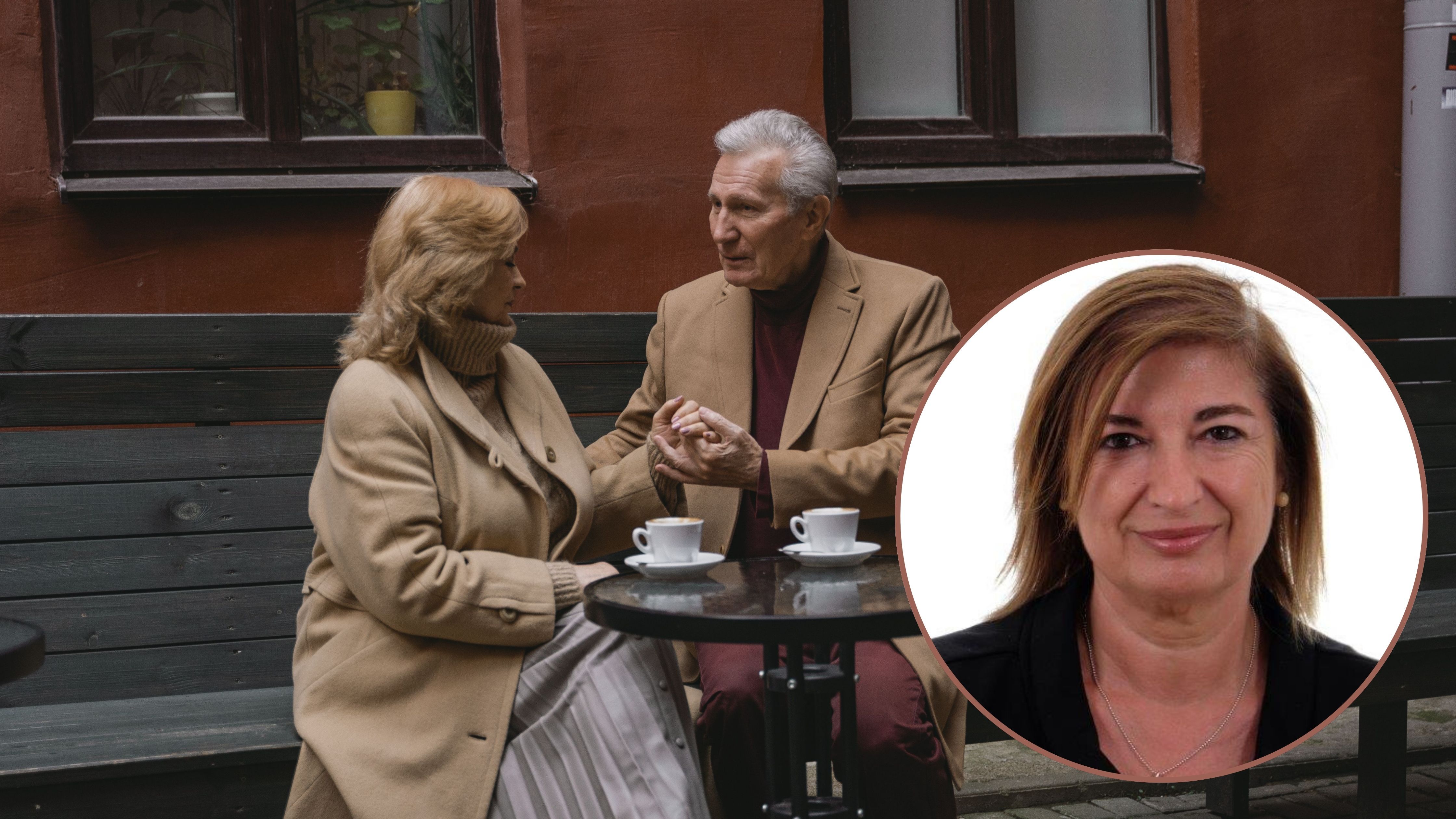 Fotomontaje con una pareja tomando café y la psicóloga Mayte Vázquez