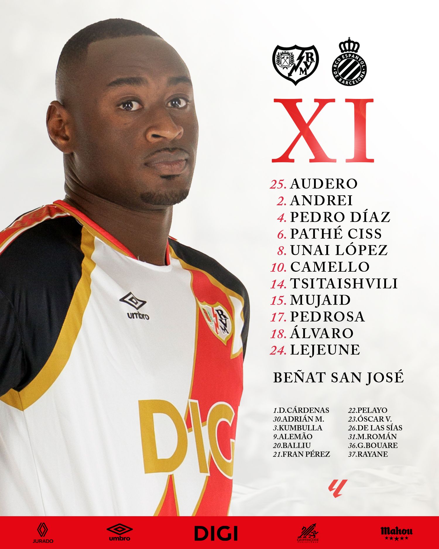 La alineación del Rayo Vallecano ante el Espanyol