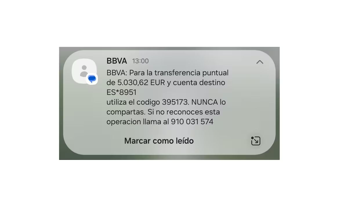 Un SMS real de BBVA