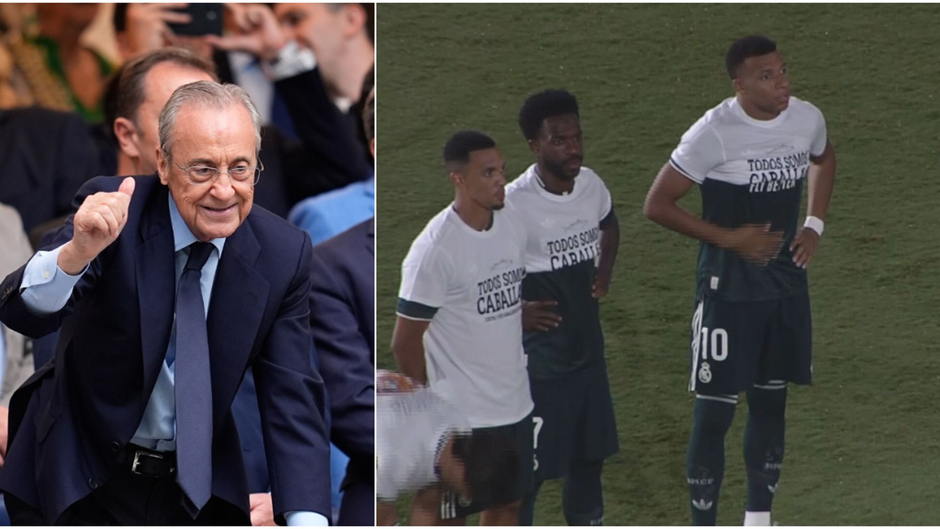 Fotomontaje de Florentino Pérez y Vinicius y Mbappé en el Martínez Valero con las camisetas de apoyo a Ceuta Fotomontaje de Florentino Pérez y Vinicius y Mbappé en el Martínez Valero con las camisetas de apoyo a Ceuta