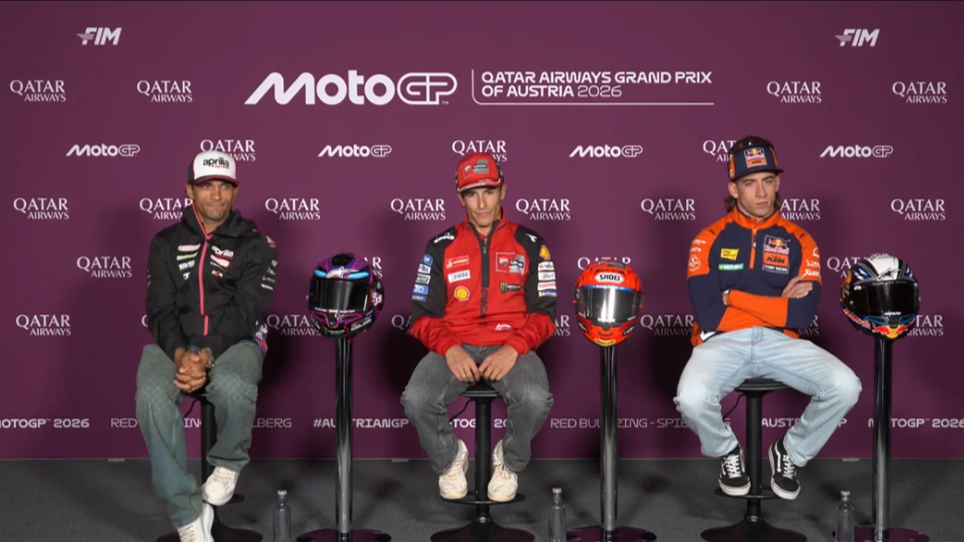 Jorge Martín, Marc Márquez y Pedro Acosta, en la rueda de prensa del GP de Austria