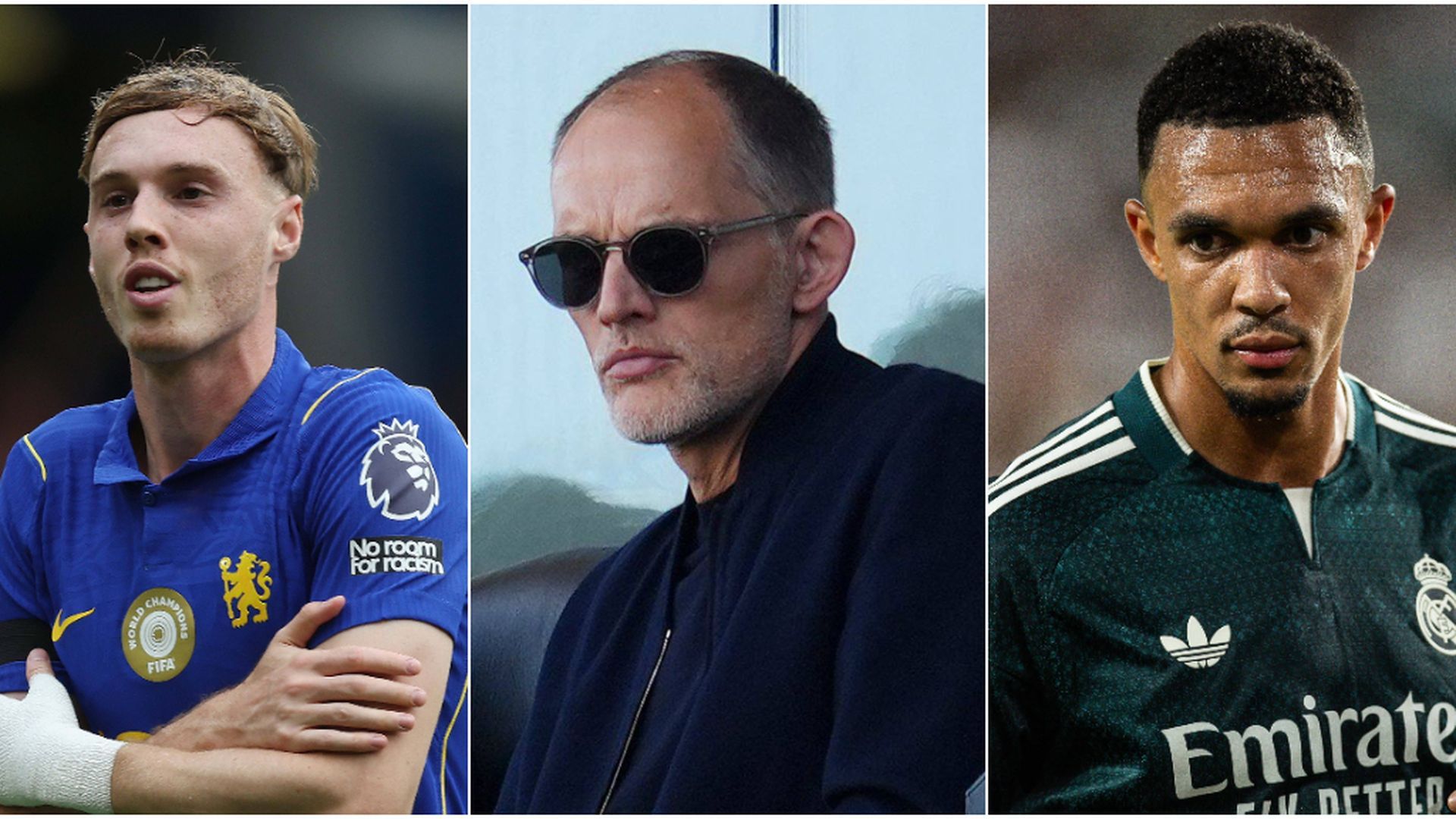 Cole Palmer, Thomas Tuchel y Trent Alexander-Arnold Cole Palmer, Thomas Tuchel y Trent Alexander-Arnold