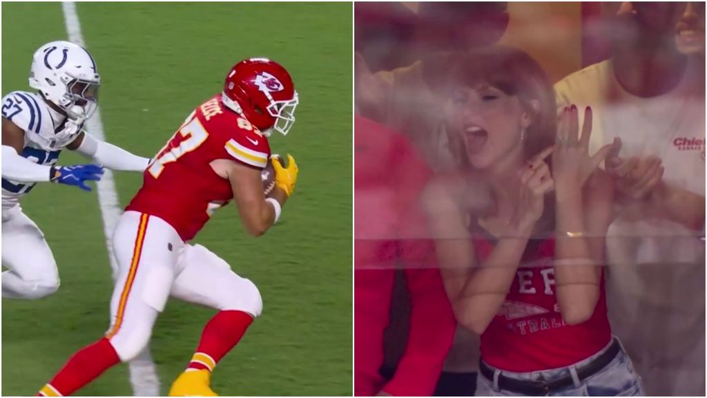 Travis Kelce destroza a los Colts y Taylor Swift presume de su esposo desde la grada señalándose el anillo