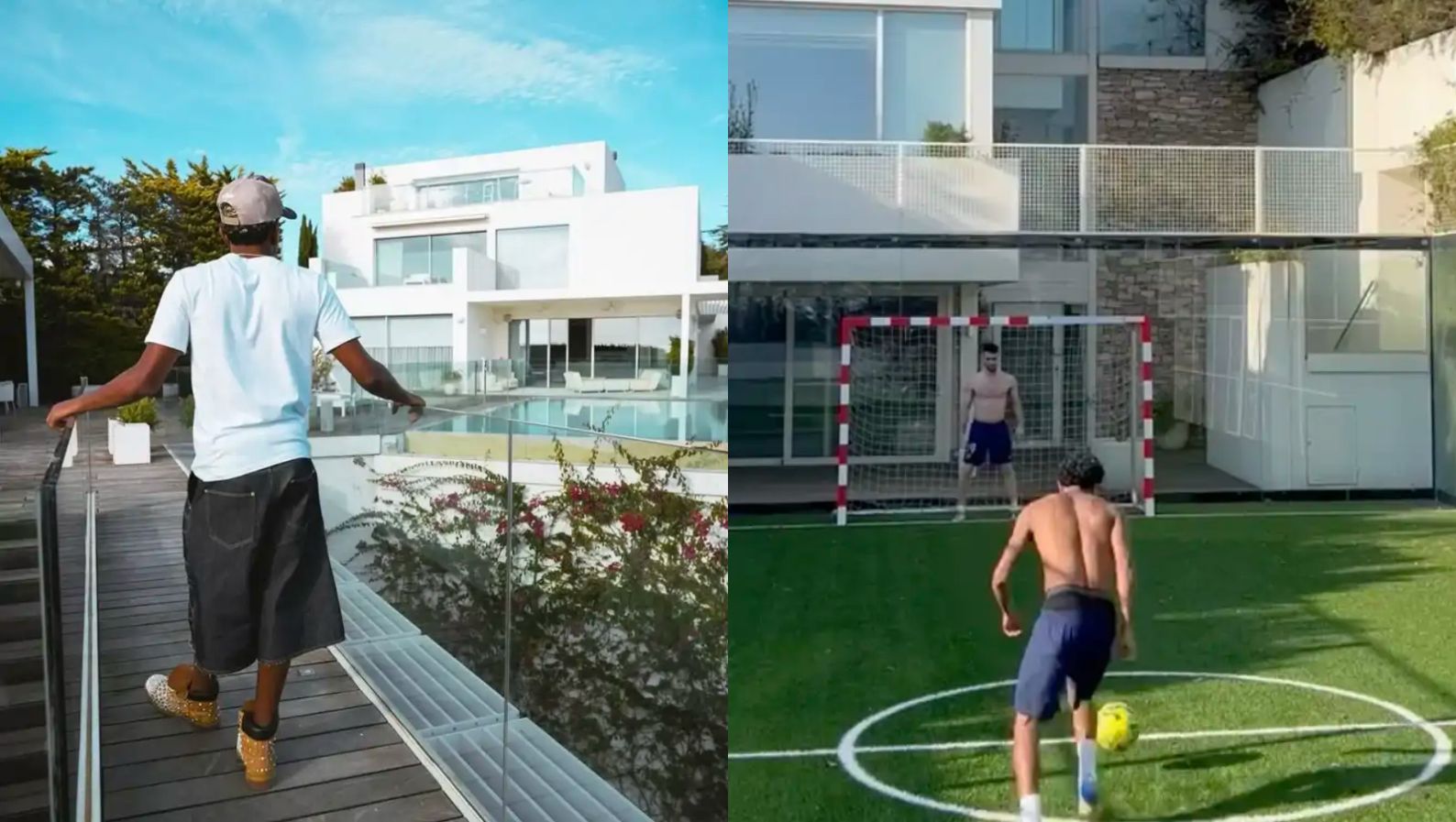 Una de las piscinas y el campo de fútbol privado de la casa de Lamine Yamal en Barcelona