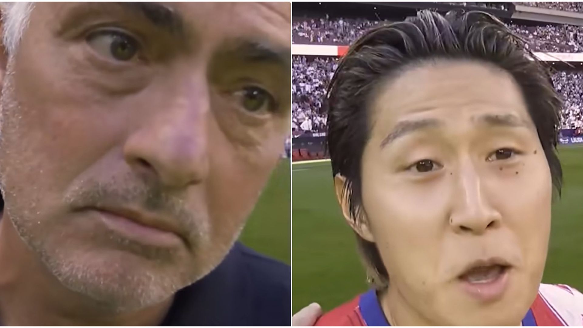 José Mourinho y Kang-In Lee hablando con Miguel Ángel Ortiz Arias durante el derbi José Mourinho y Kang-In Lee hablando con Miguel Ángel Ortiz Arias durante el derbi