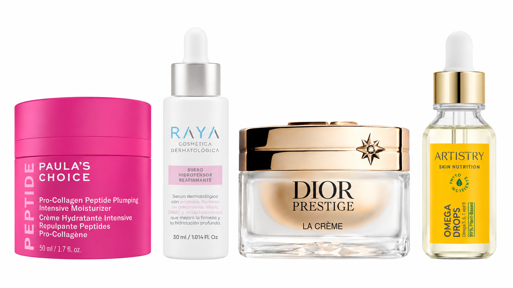 Cuatro productos para recuperar la hidratación, mejorar la firmeza y reforzar la barrera cutánea: Pro-Collagen Peptide Plumping Intensive Moisturizer, de Paula's Choice; Suero Hidrotensor Reafirmante, de RAYA; Prestige La Crème, de Dior, y Omega Drops, de Artistry Skin Nutrition.