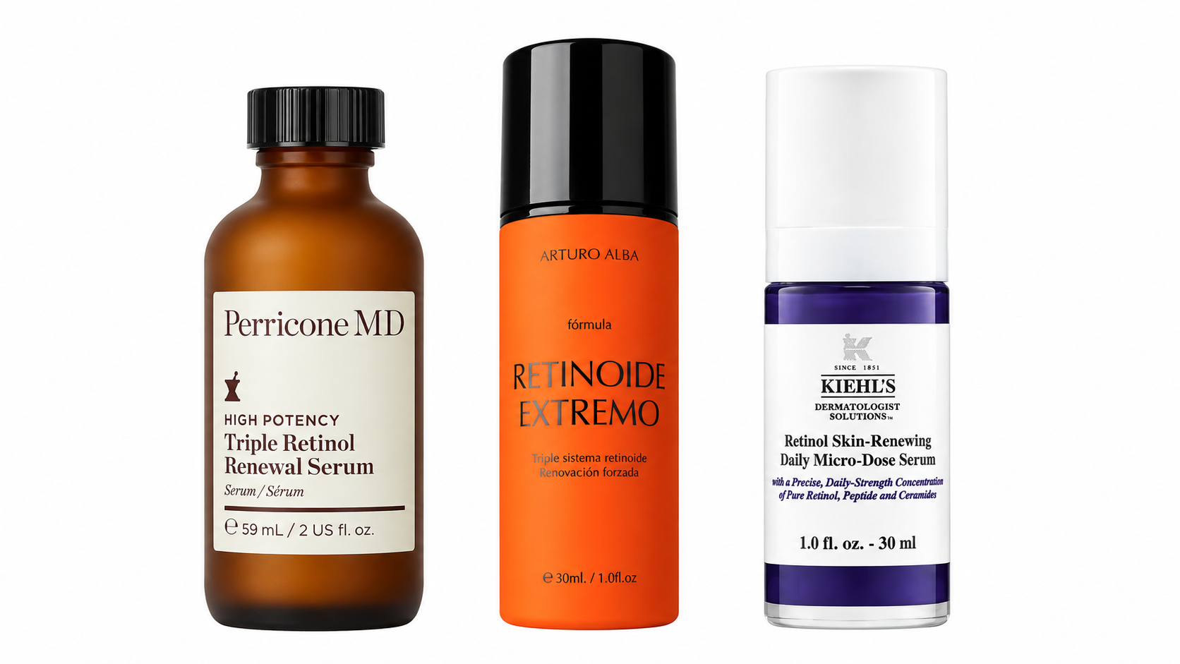 Tres fórmulas con retinoides para mejorar la textura, las arrugas y el tono de la piel: High Potency Triple Retinol Renewal Serum, de Perricone MD; Retinoide Extremo, de Arturo Alba, y Retinol Skin-Renewing Daily Micro-Dose, de Kiehl's
