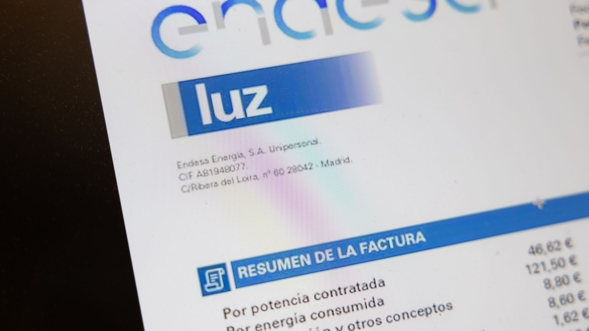 Una factura de luz de Endesa Una factura de luz de Endesa