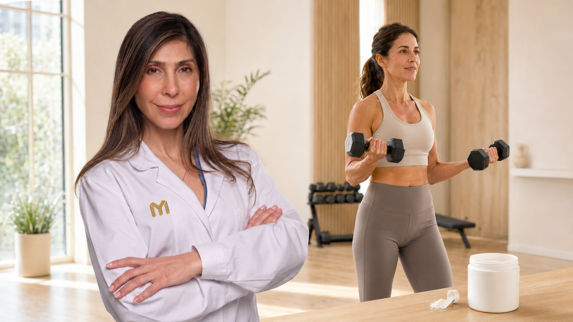 Collage creado con IA a partir de la imagen original de la doctora Wejbe y una mujer que hace ejercicio de fuerza y toma creatina Collage creado con IA a partir de la imagen original de la doctora Wejbe y una mujer que hace ejercicio de fuerza y toma creatina