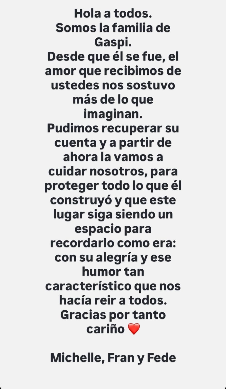 El mensaje de la familia de Gaspi