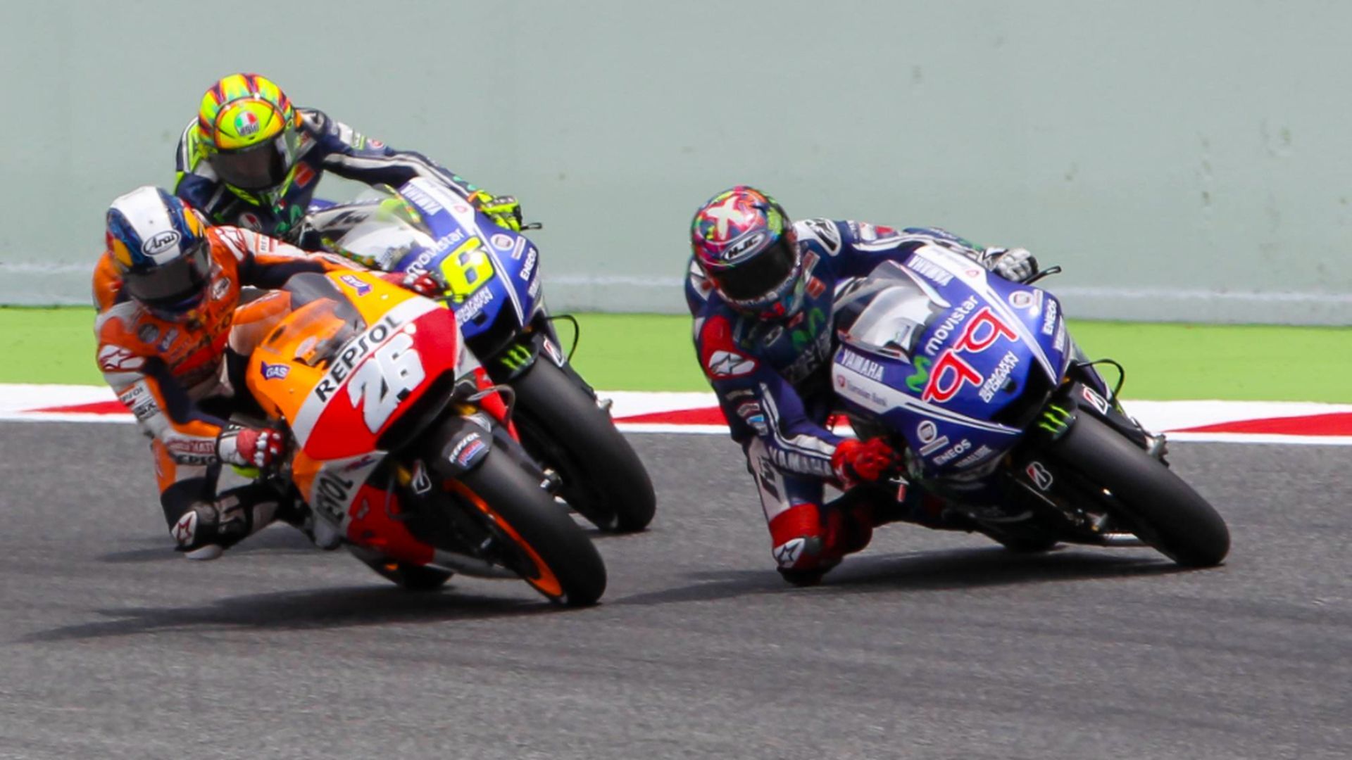 Dani Pedrosa, entre Jorge Lorenzo y Valentino Rossi en MotoGP