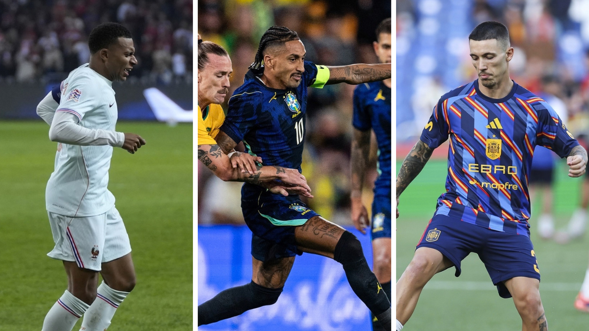 Mbappé, Raphinha y Grimaldo, con sus respectivas selecciones Mbappé, Raphinha y Grimaldo, con sus respectivas selecciones