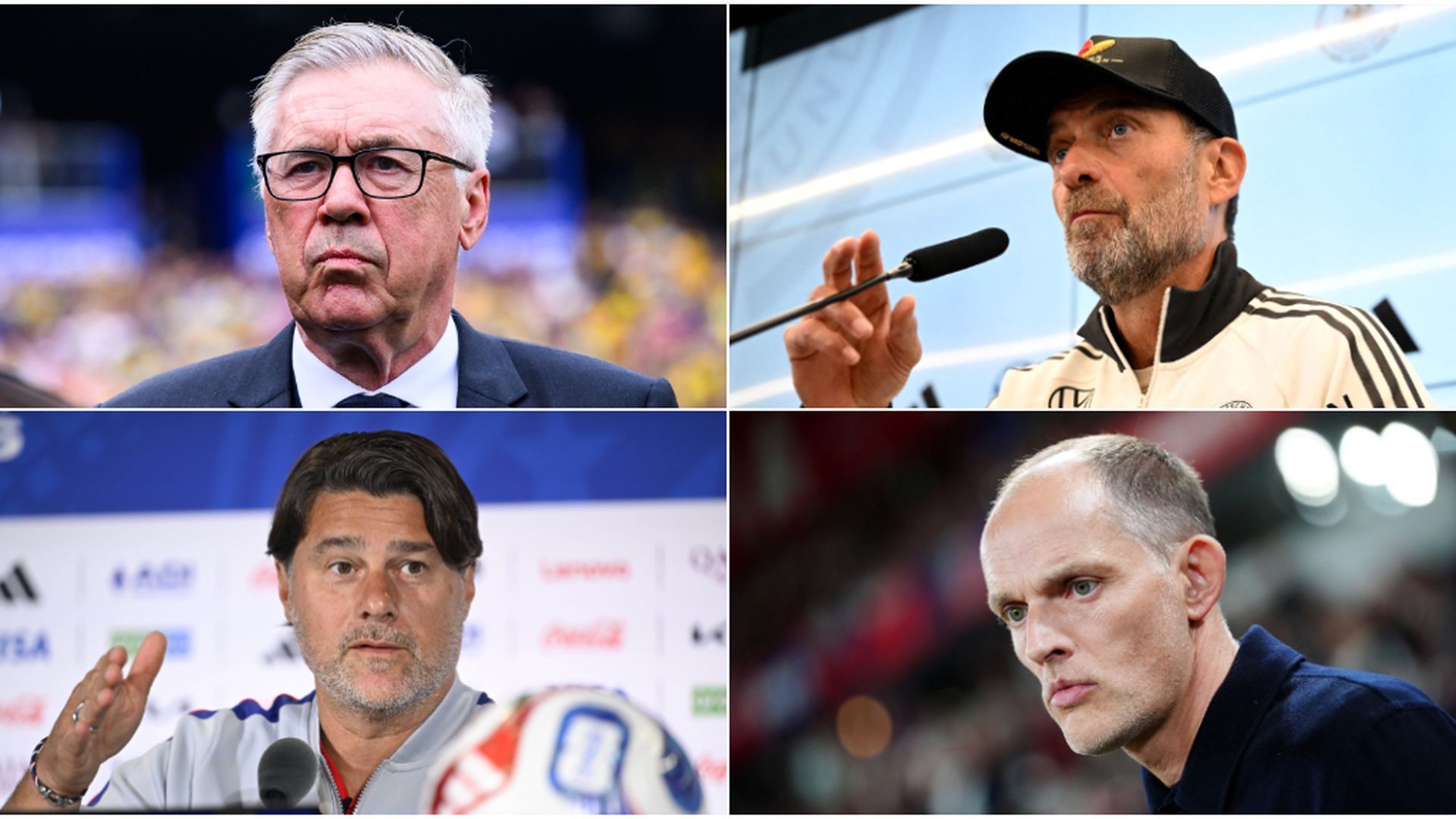 Carlos Ancelotti, Jurgen Klopp, Mauricio Pochettino y Thomas Tuchel Carlos Ancelotti, Jurgen Klopp, Mauricio Pochettino y Thomas Tuchel