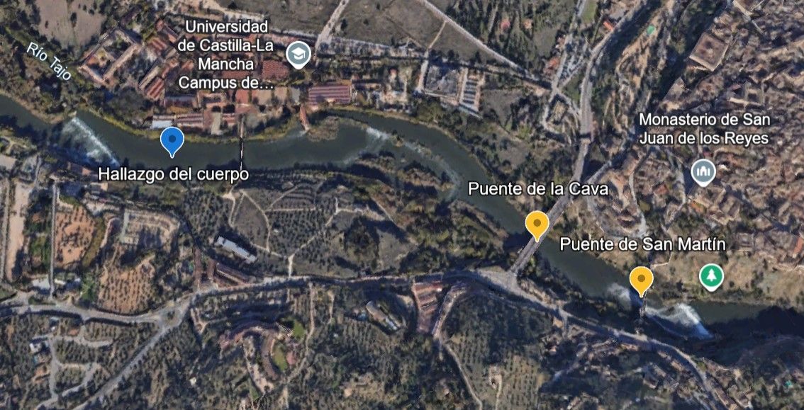 Mapa de la desaparición de Diego en Toledo y del lugar donde ha sido encontrado sin vida
