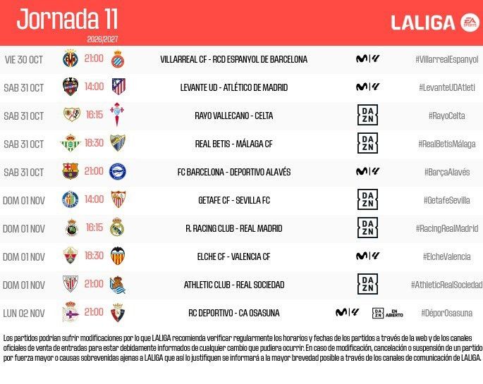 Horarios de la jornada 11 de LALIGA EA SPORTS 2026/27