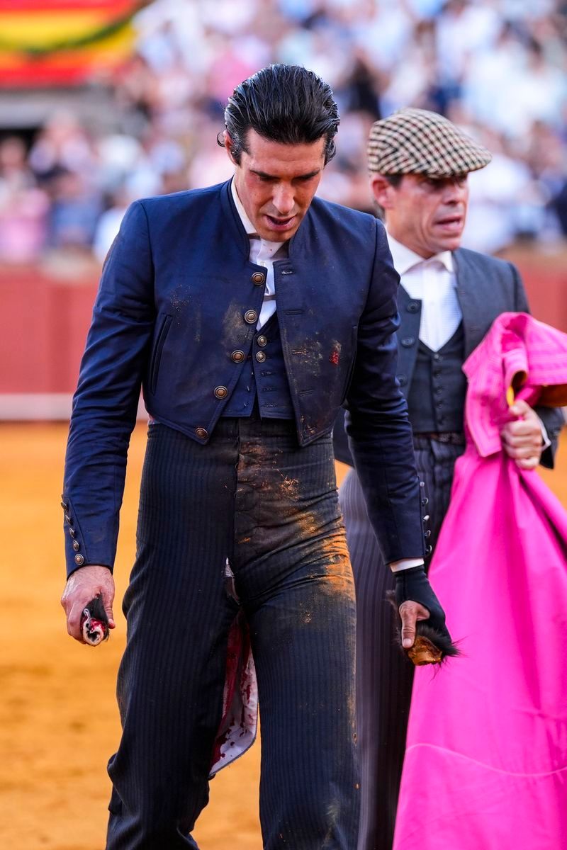 Alejandro Talavante herido durante la corrida del Festival Taurino de Sevilla