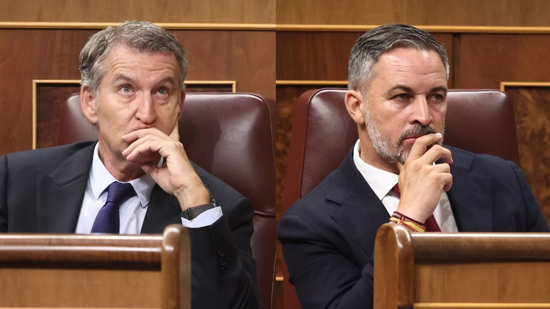 El presidente del Partido Popular, Alberto Núñez Feijóo, y Santiago Abascal, líder de Vox
