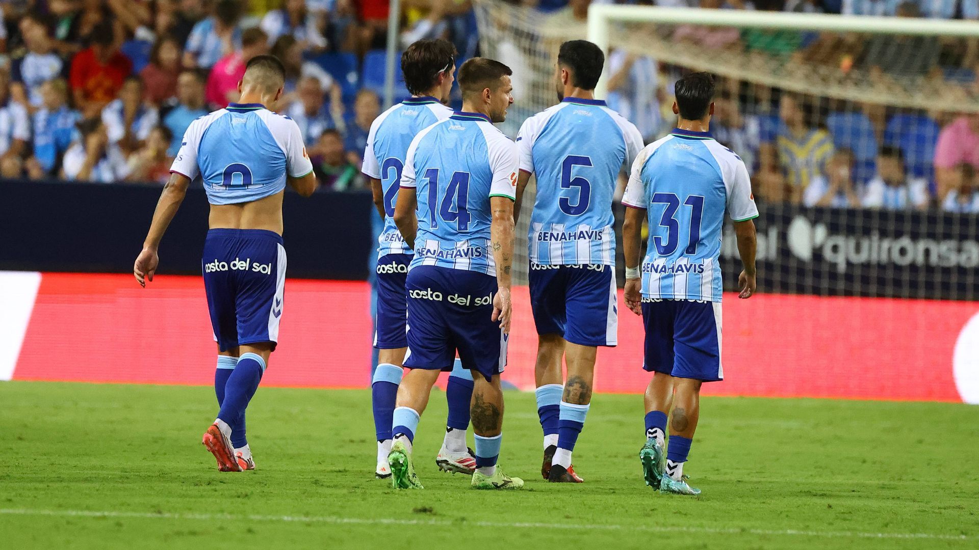 Celebración de un gol del Málaga en pretemporada