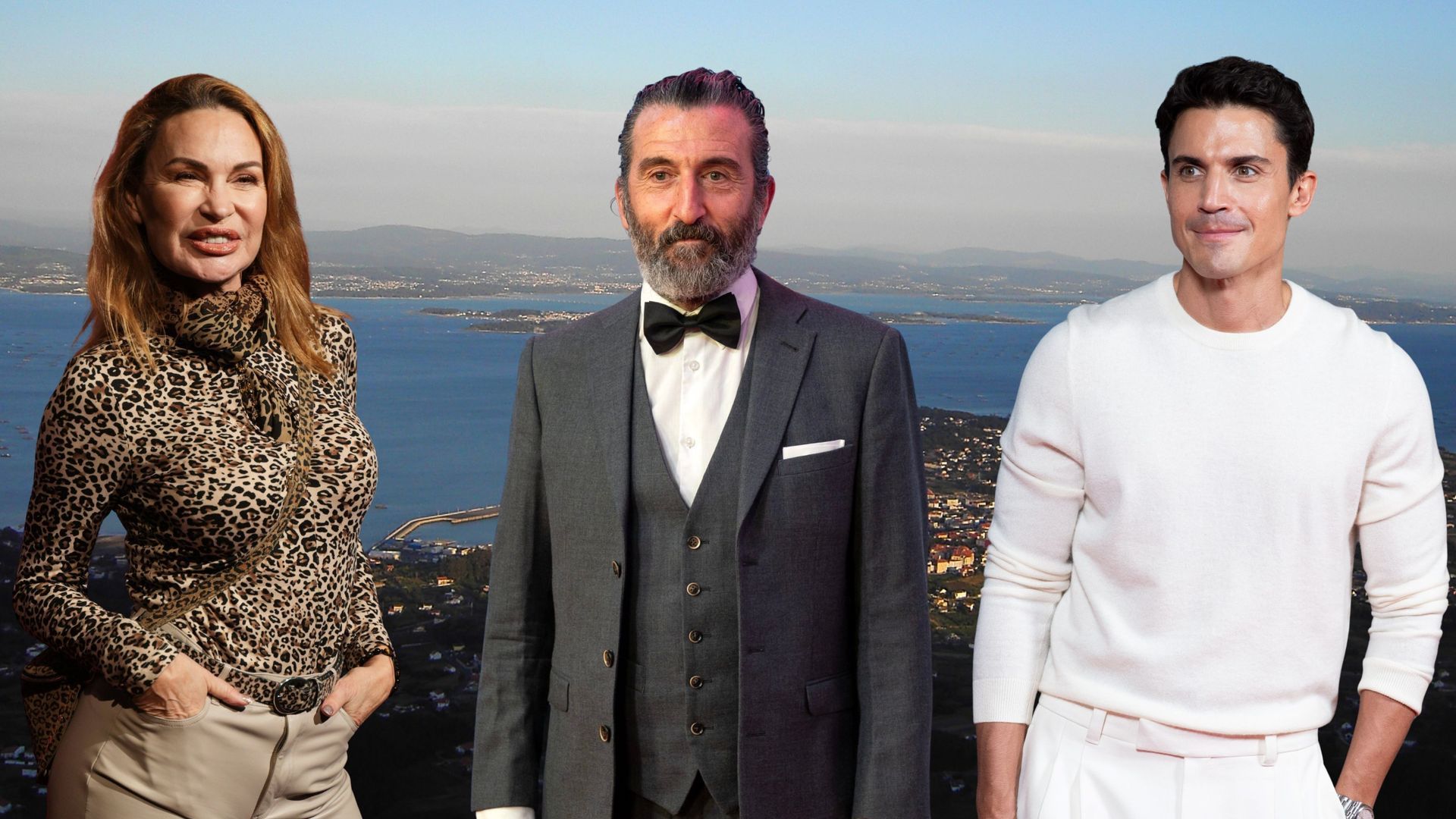Fotomontaje con Marlene Mourreau, Luis Zahera y Álex González con la ría de Arousa al fondo