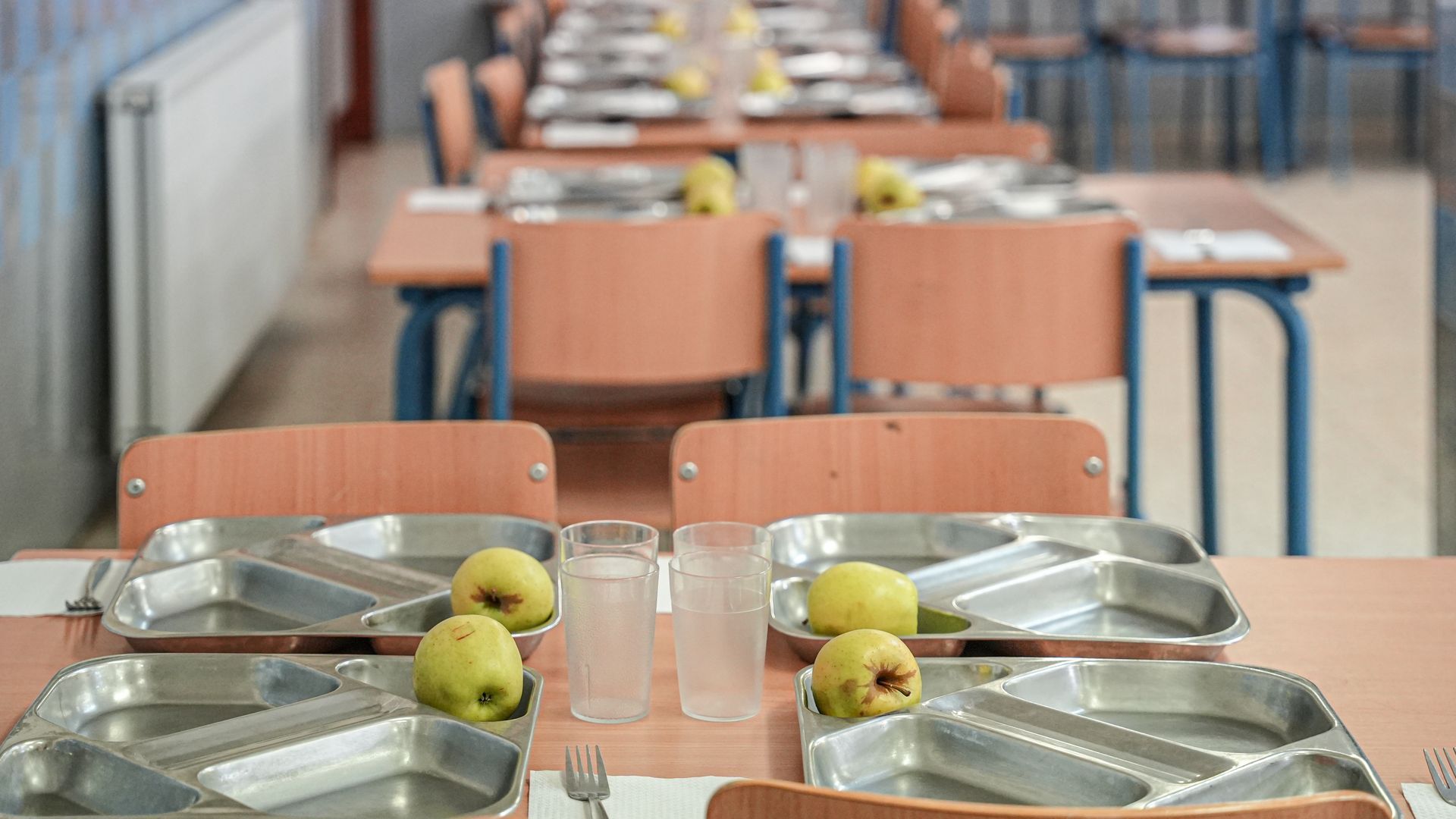 Bandejas preparadas en un comedor escolar Bandejas preparadas en un comedor escolar