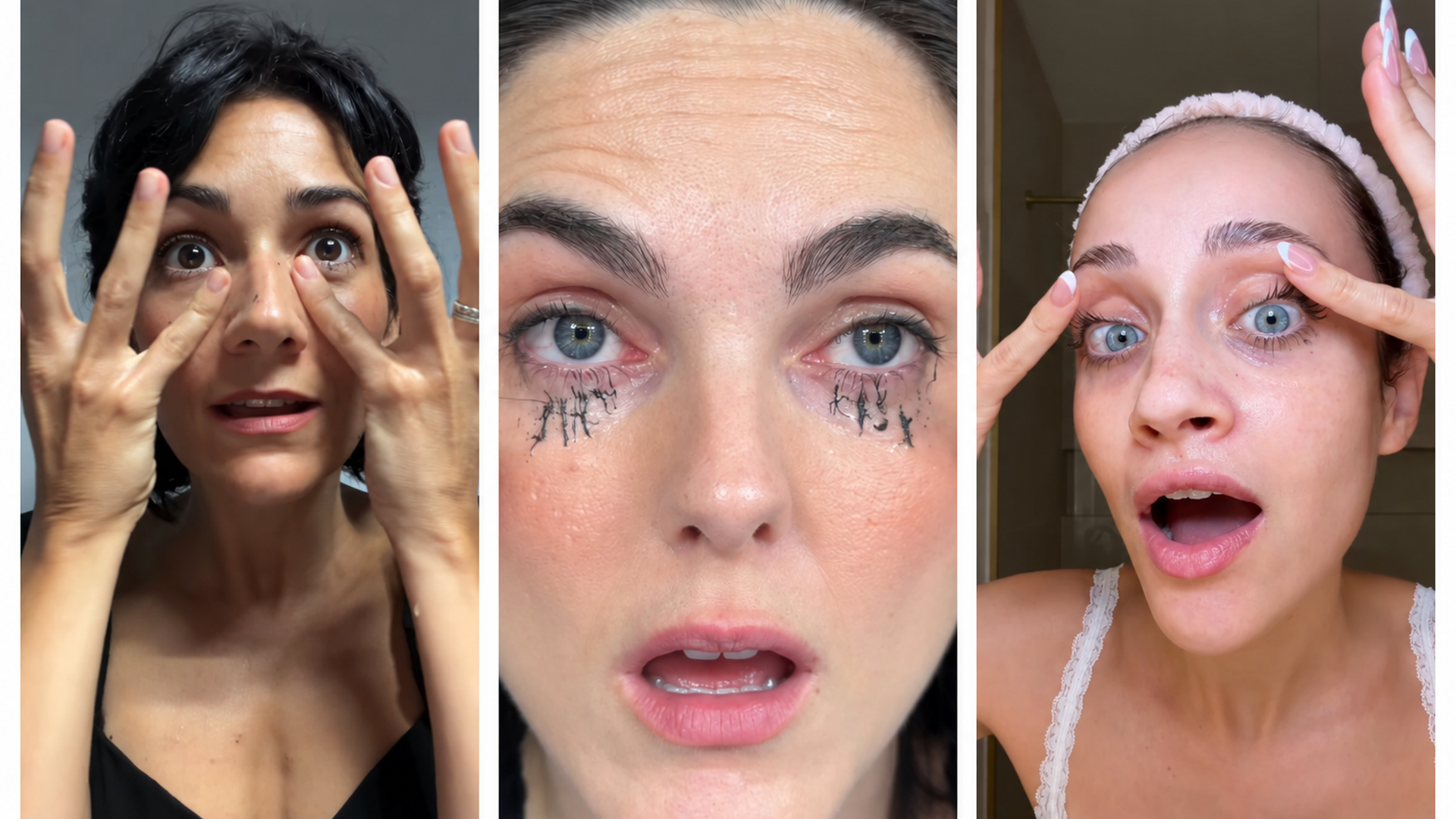 Tres primeros planos de pestañas con la máscara de pestañas viral Lash Sensational Sky Tubes de Maybelline New York Tres primeros planos de pestañas con la máscara de pestañas viral Lash Sensational Sky Tubes de Maybelline New York