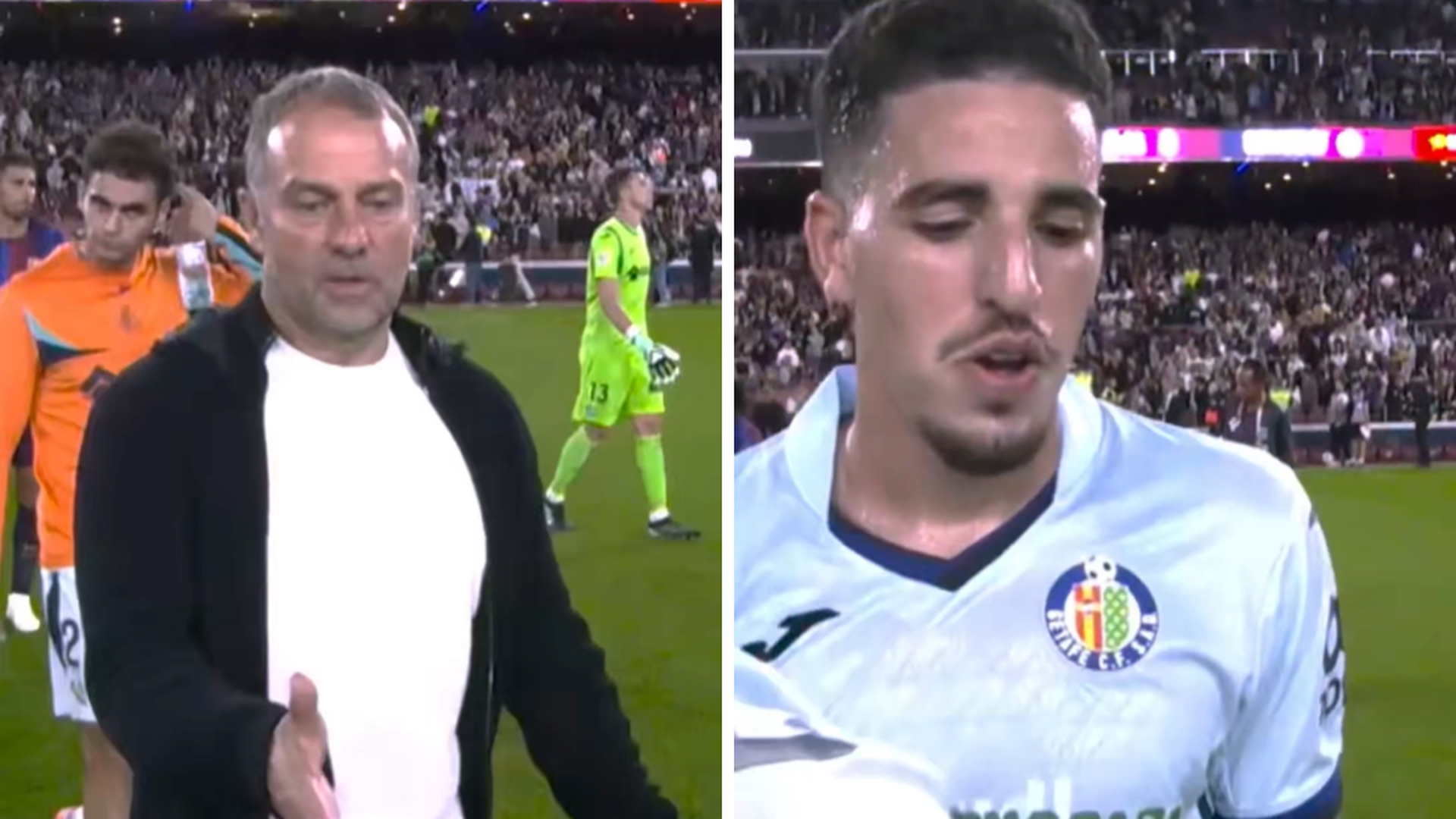 Gil Manzano saluda a Hansi Flick y Abqar tras el Barcelona-Getafe Gil Manzano saluda a Hansi Flick y Abqar tras el Barcelona-Getafe