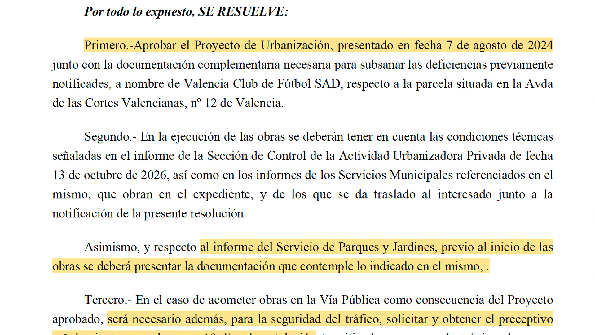 Resolución del Ayuntamiento de Valencia