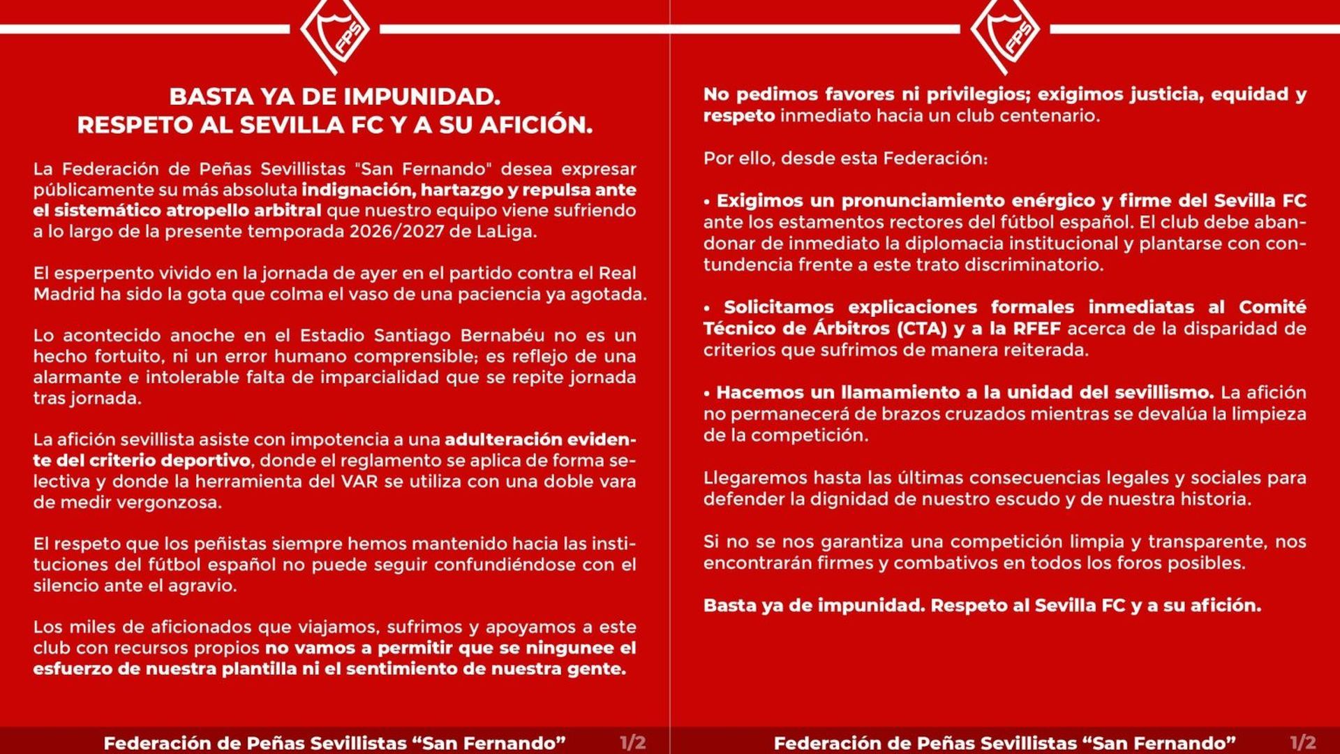 Comunicado de la Federación de Peñas Sevillistas San Fernando