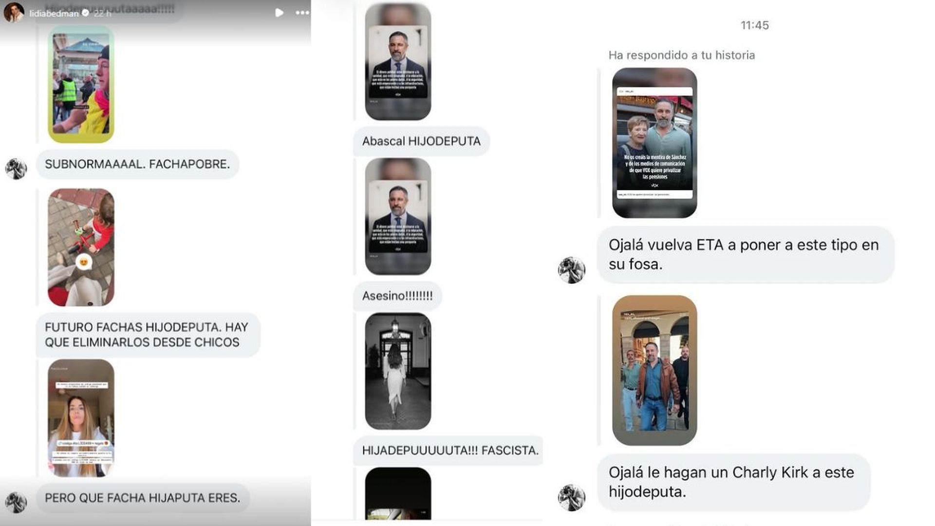 Capturas de pantalla de la historia de Instagram compartida por Lidia Bierman con mensajen y amenazas de muerte contra Santiago Abascal y su familia