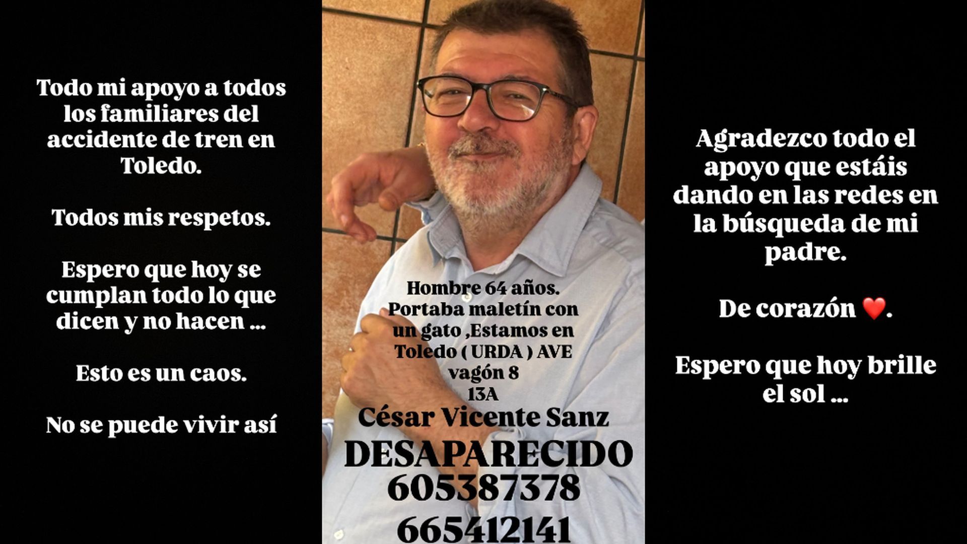 El mensaje del actor César Vicente mientras busca a su padre en Urda