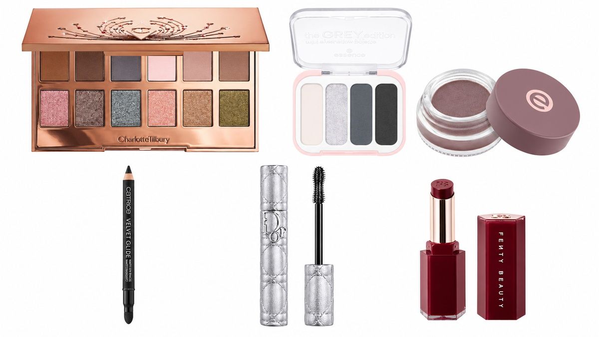 Arriba, paleta Hollywood Flawless Light Tricks de Charlotte Tilbury (68 €), minipaleta The Grey Edition de essence (4,79 €) y sombra mate en crema 02 Taupe de essence (4,19 €). Abajo, lápiz Velvet Glide de Catrice (4,29 €), máscara Diorshow Overvolume Waterproof de Dior (44 €) y labial Gloss Bomb Stix en Black’r Berry de Fenty Beauty (25 €).